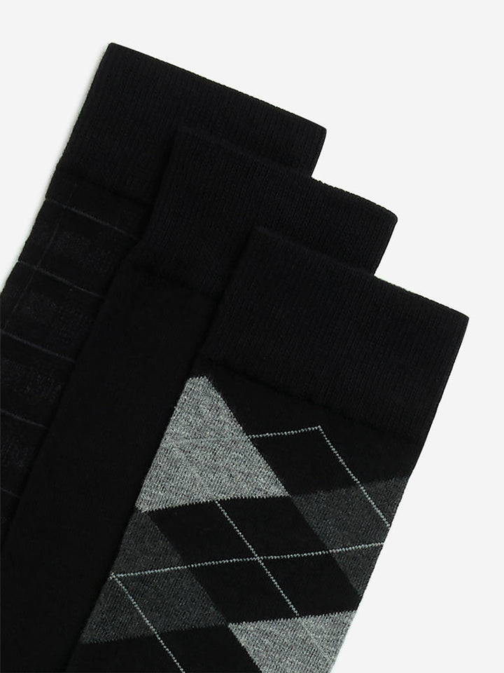 WES Lounge Black Printed Cotton-Blend Socks - Pack of 3