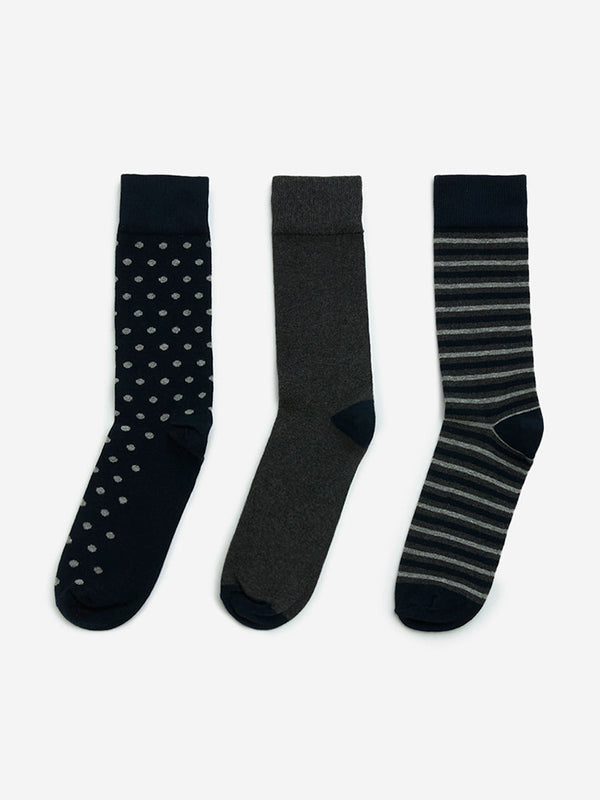 WES Lounge Navy Printed Cotton-Blend Socks - Pack of 3