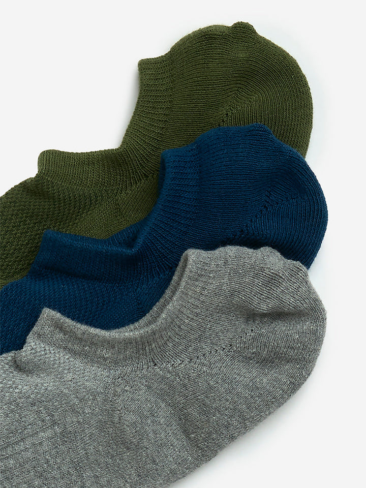 WES Lounge Olive Cotton-Blend No-Show Socks- Pack of 3