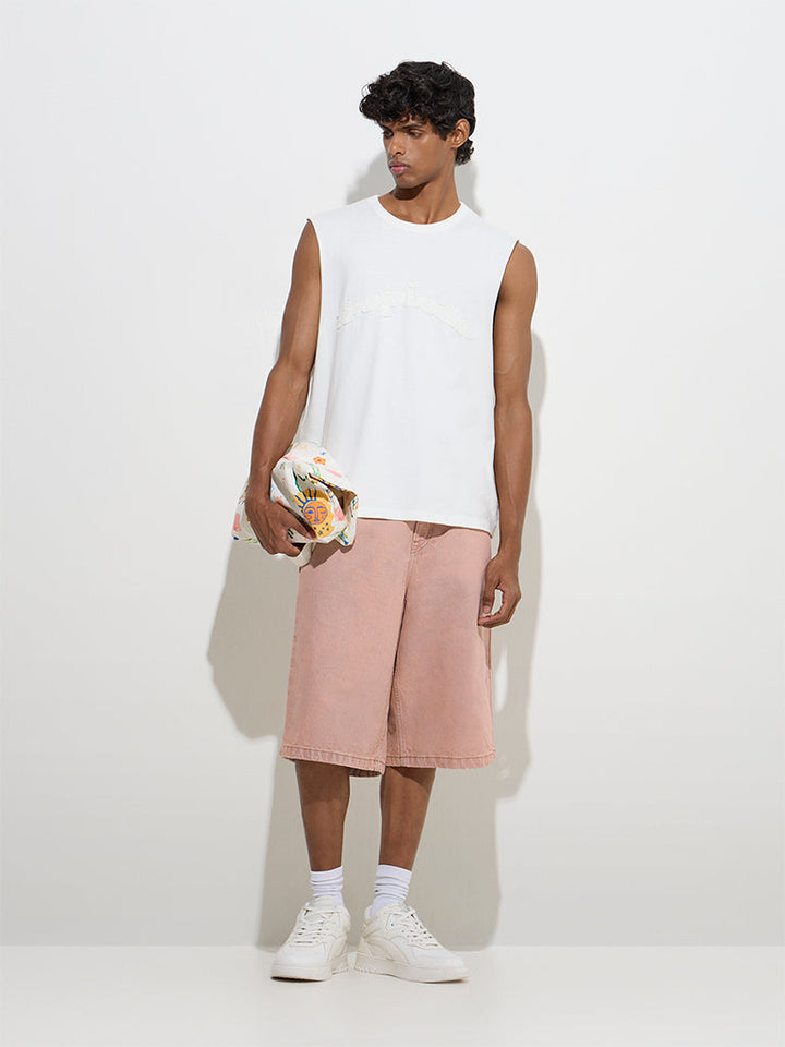 Nuon White Text Printed Relaxed-Fit Cotton T-Shirt