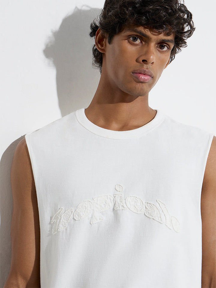 Nuon White Text Printed Relaxed-Fit Cotton T-Shirt