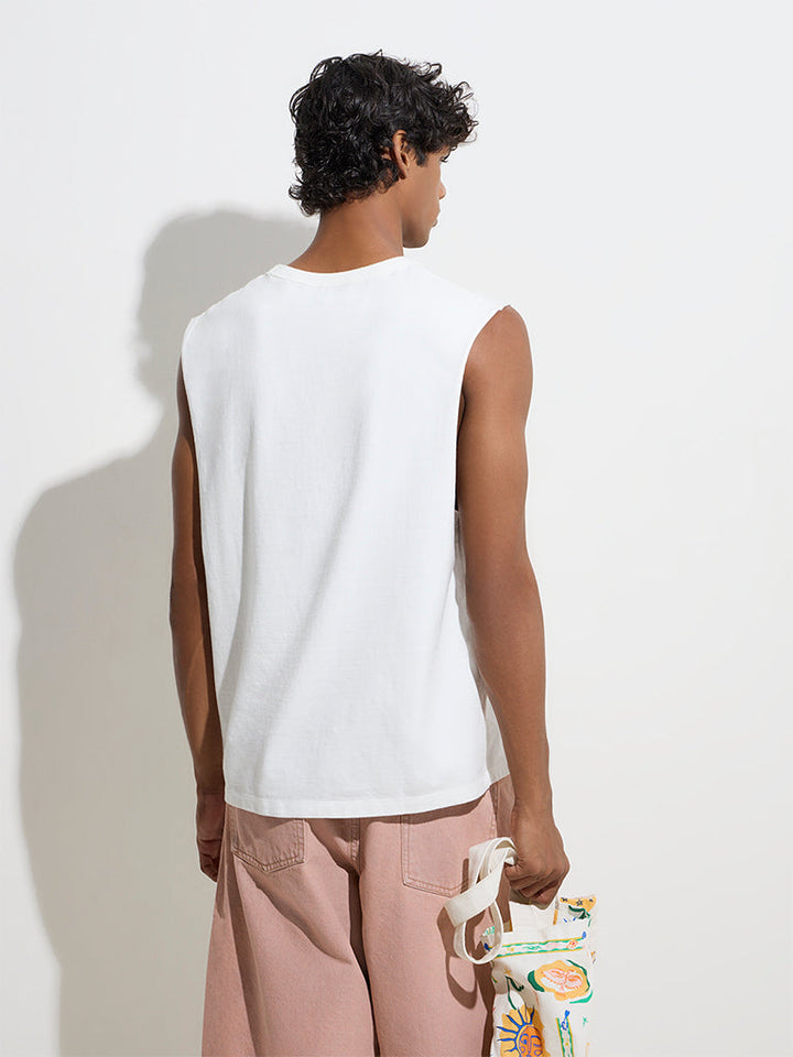 Nuon White Text Printed Relaxed-Fit Cotton T-Shirt