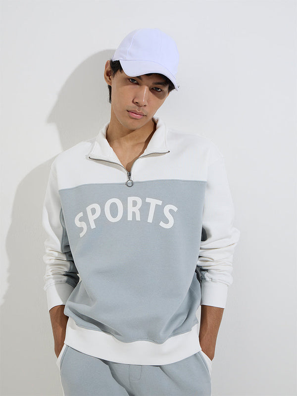 Studiofit Grey Text Pattern Quarter Zip Cotton-Blend Sweatshirt