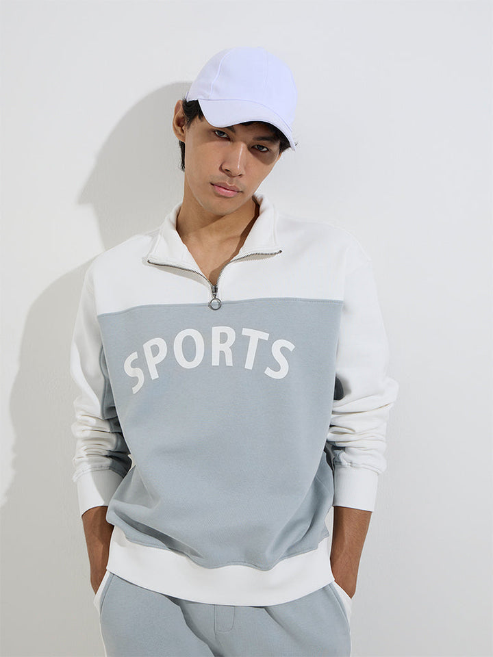 Studiofit Grey Text Pattern Quarter Zip Cotton-Blend Sweatshirt