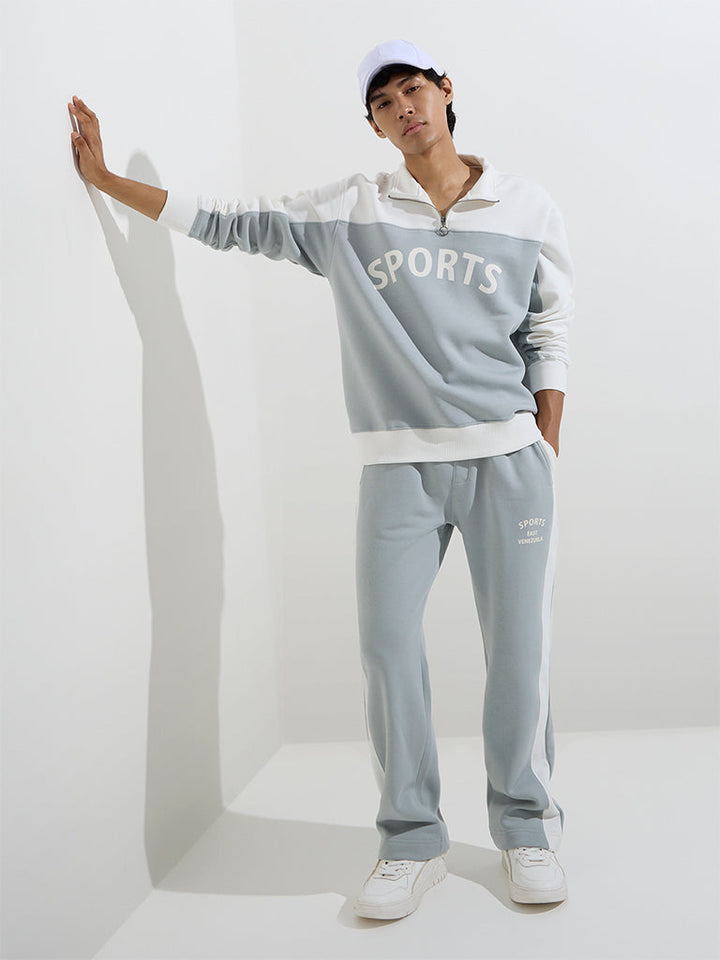Studiofit Grey Text Pattern Quarter Zip Cotton-Blend Sweatshirt