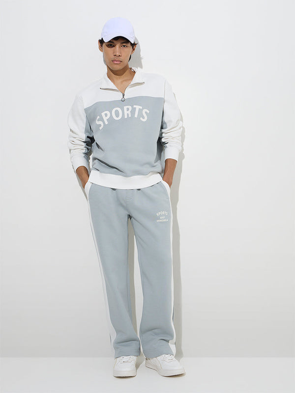 Studiofit Grey Text Pattern Relaxed-Fit Cotton-Blend Track Pants