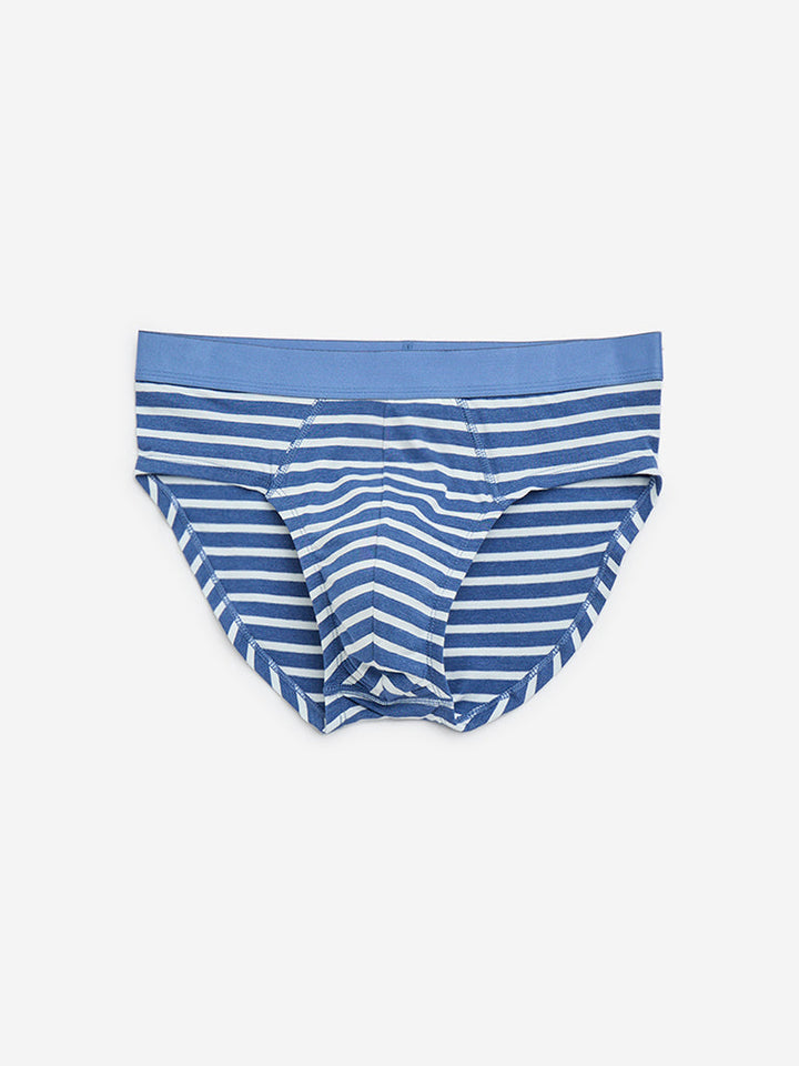 WES Lounge Navy Striped Cotton-Blend Briefs - Pack of 3