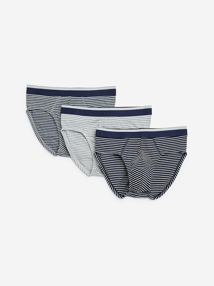 WES Lounge Navy Stripe Printed Cotton Briefs- Pack of 3