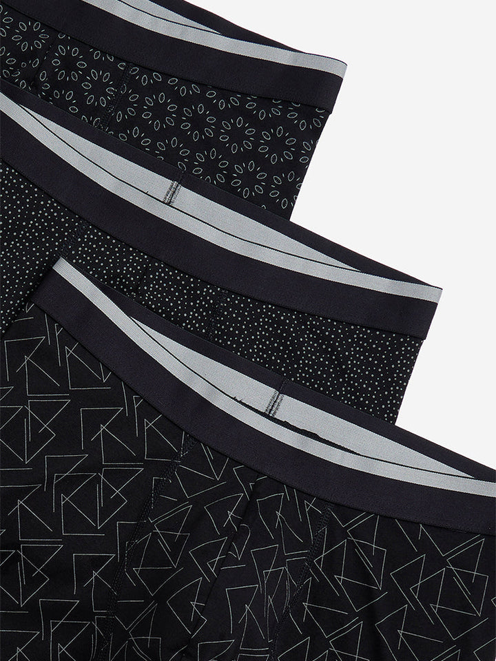 WES Lounge Black Printed Cotton Trunks- Pack of 3