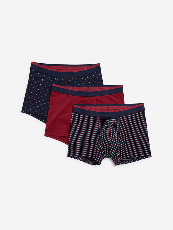 WES Lounge Red Printed Cotton Trunks - Pack of 3