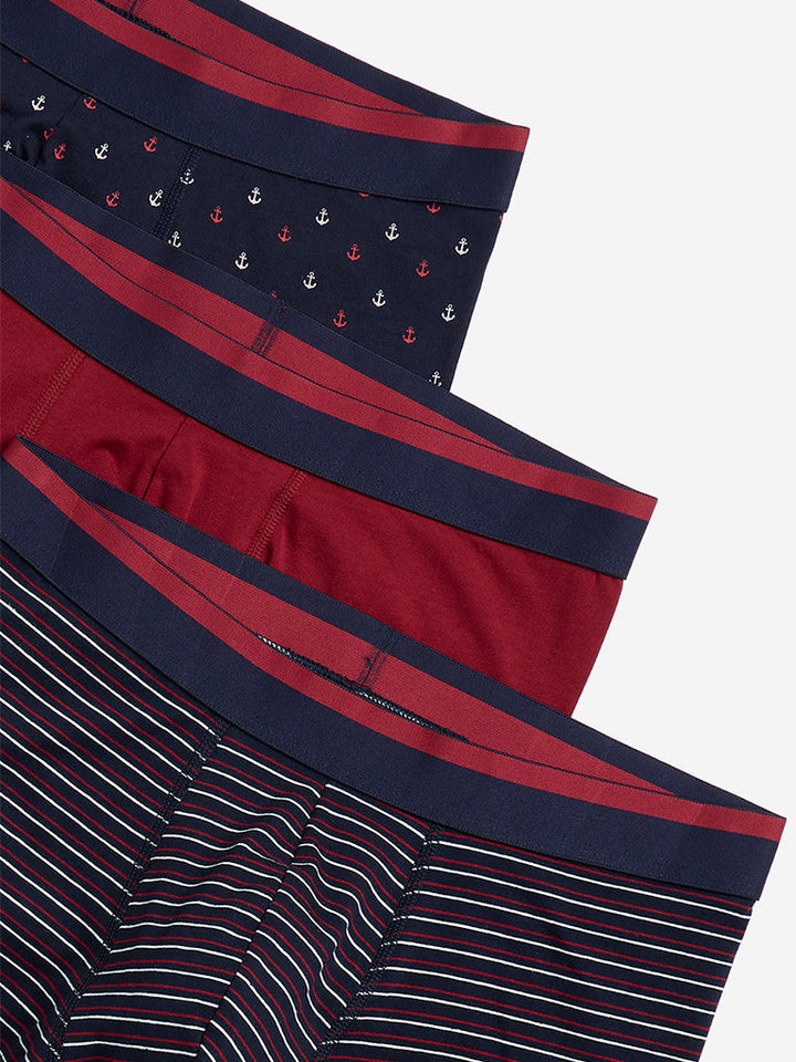 WES Lounge Red Printed Cotton Trunks - Pack of 3