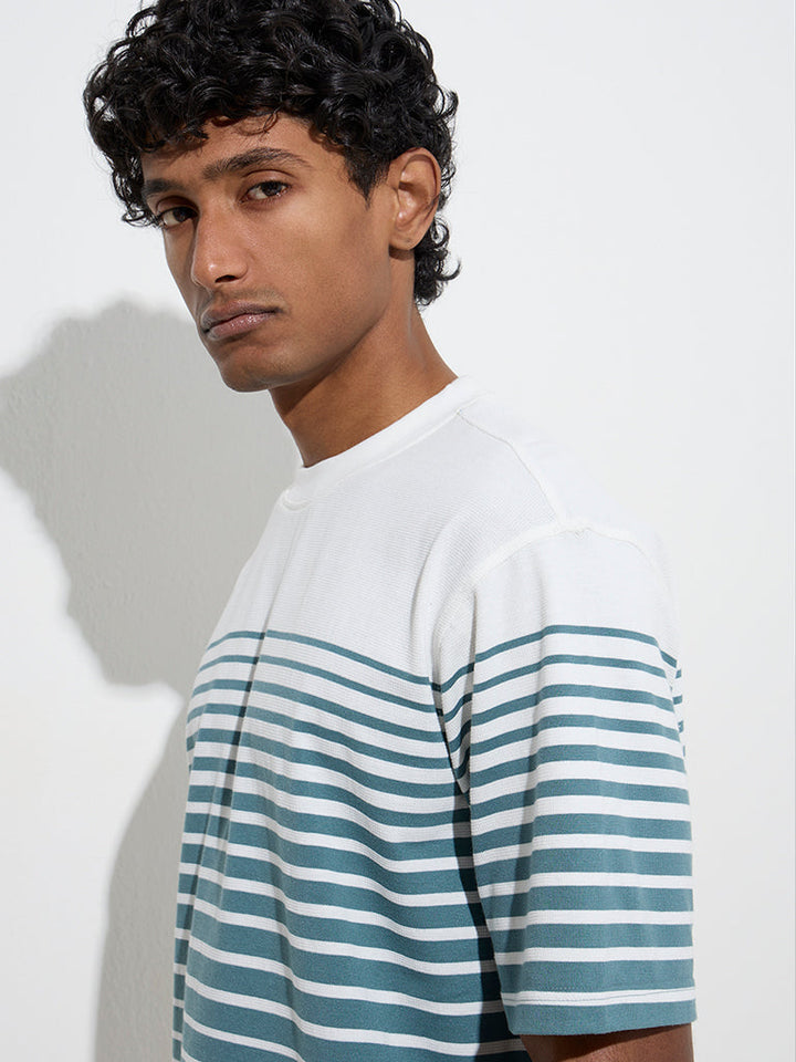 WES Lounge Teal Striped Relaxed-Fit Cotton-Blend T-Shirt