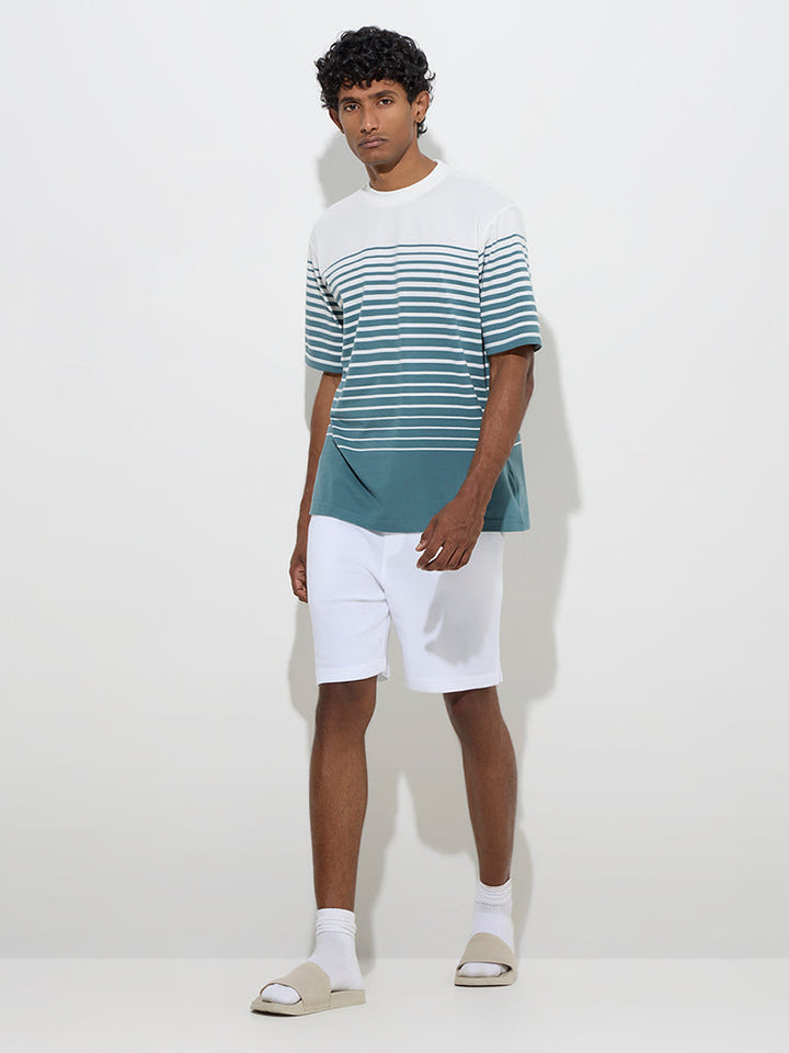 WES Lounge Teal Striped Relaxed-Fit Cotton-Blend T-Shirt