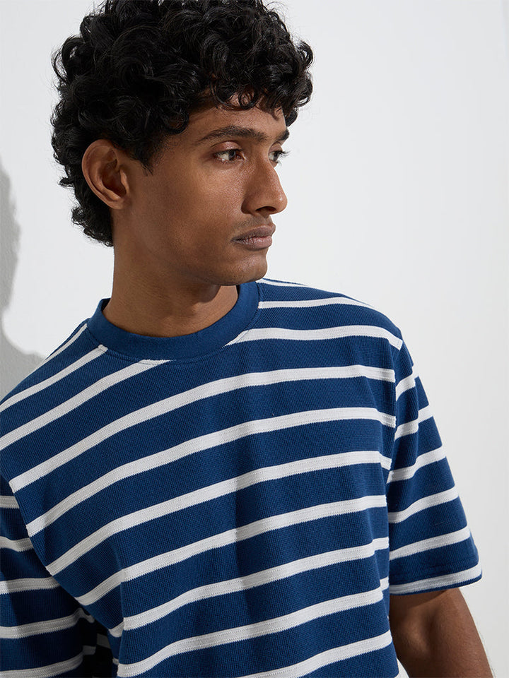 WES Lounge Blue Striped Relaxed-Fit Cotton T-Shirt