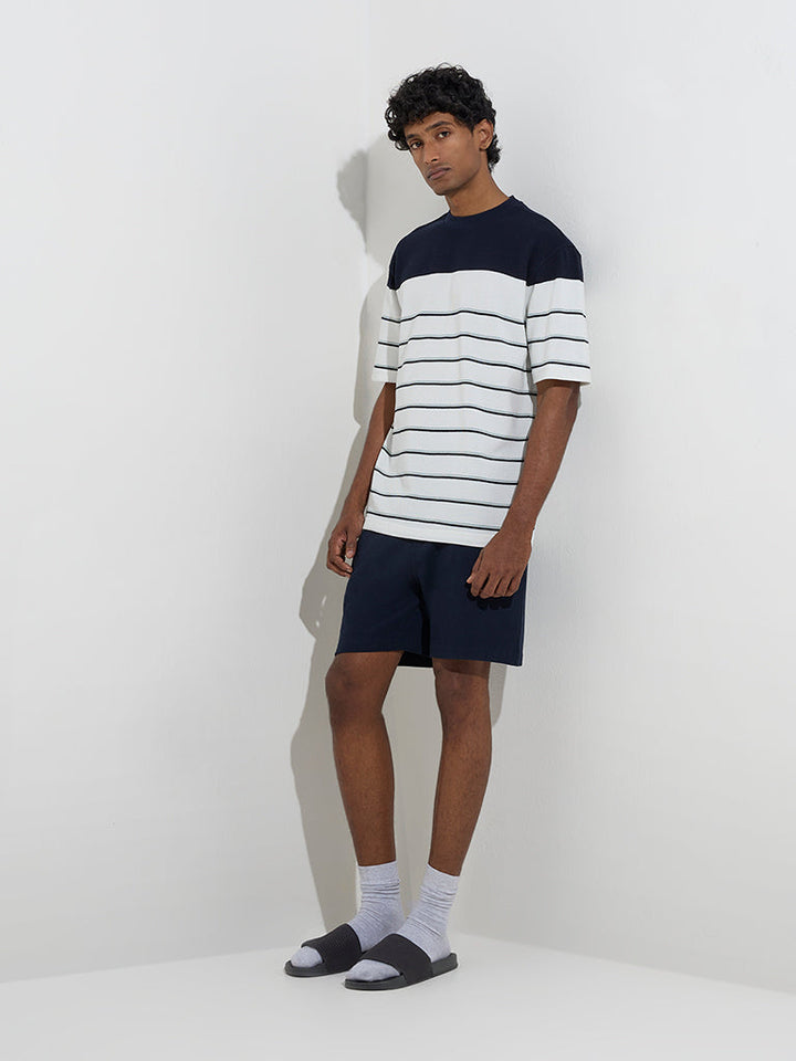 WES Lounge White Striped Relaxed-Fit Cotton-Blend T-Shirt