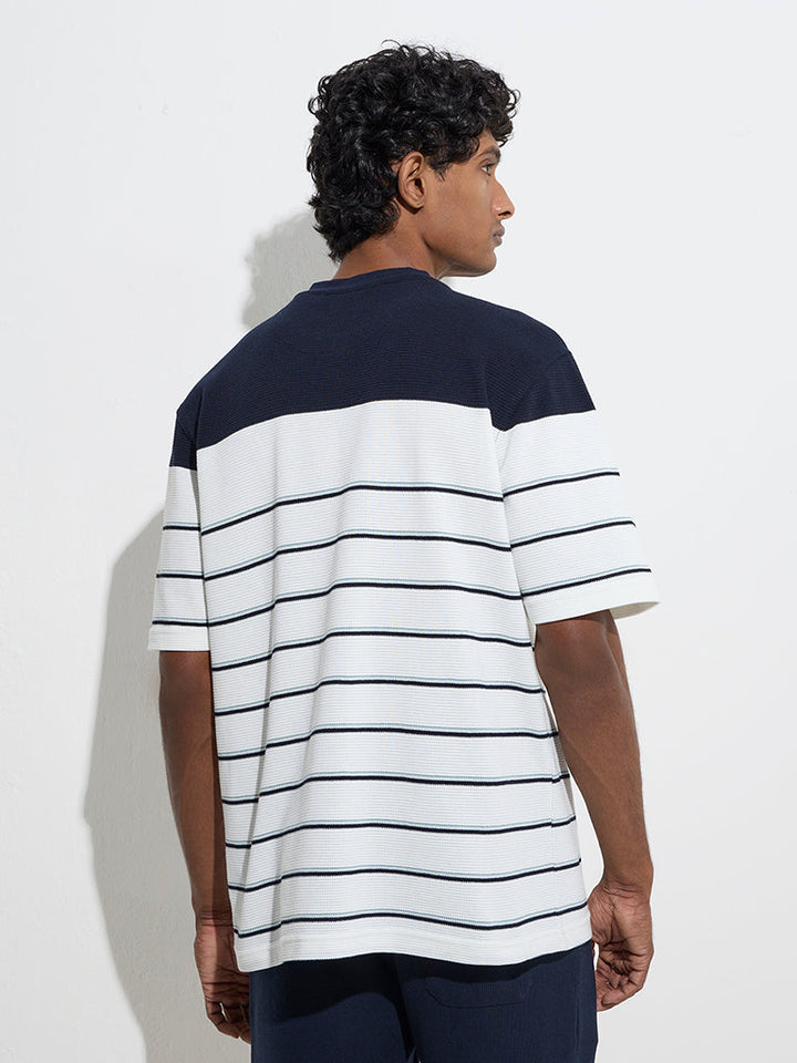 WES Lounge White Striped Relaxed-Fit Cotton-Blend T-Shirt
