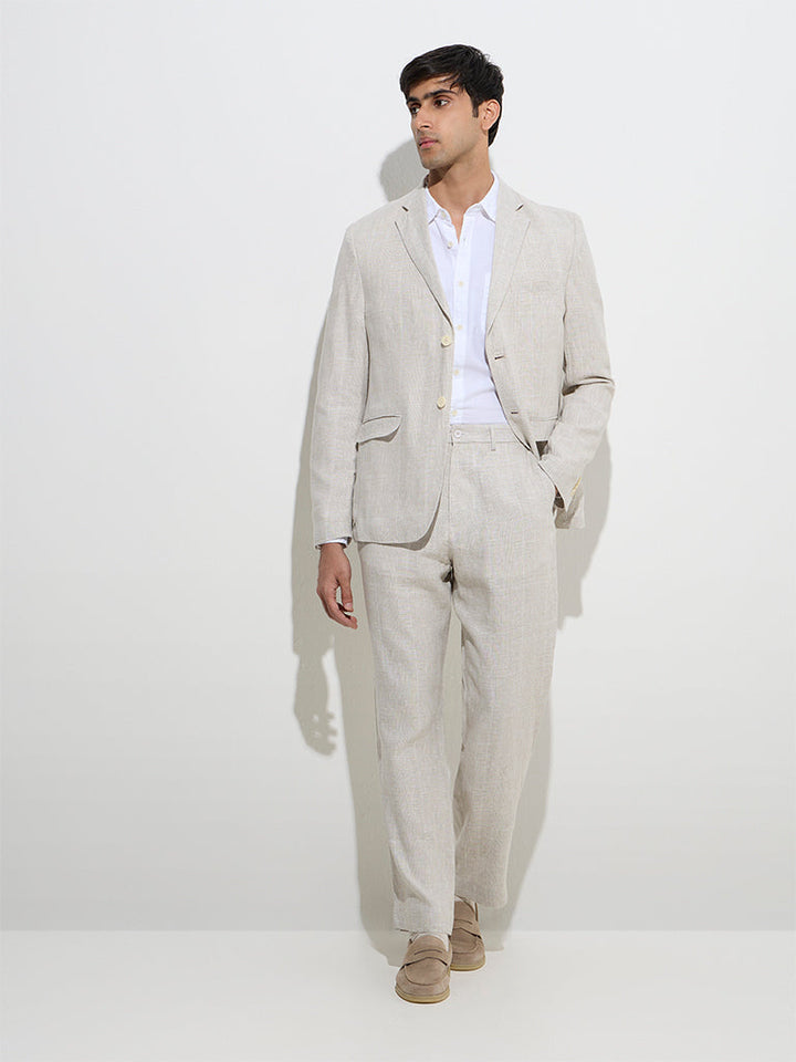 Ascot Beige Checkered Relaxed-Fit Mid-Rise Linen Trousers