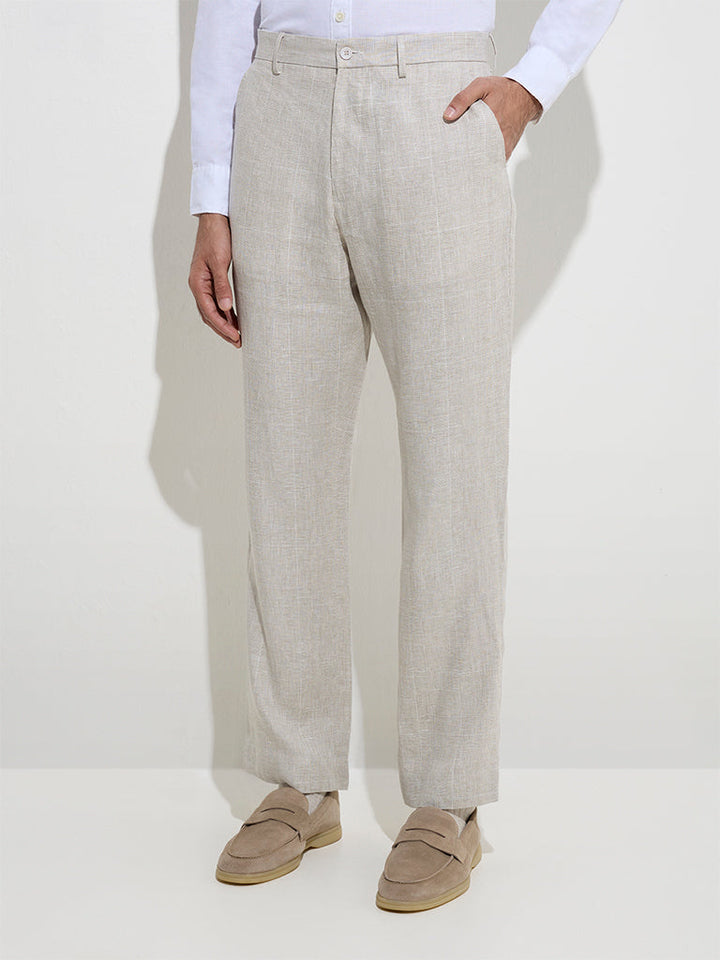 Ascot Beige Checkered Relaxed-Fit Mid-Rise Linen Trousers