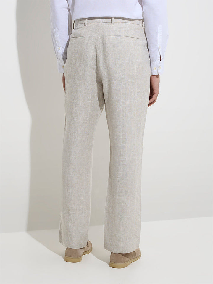 Ascot Beige Checkered Relaxed-Fit Mid-Rise Linen Trousers