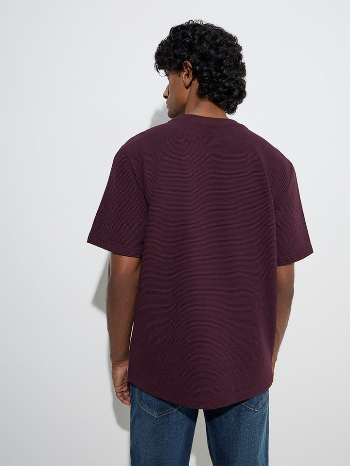 WES Casuals Wine Textured Relaxed-Fit Cotton-Blend T-Shirt