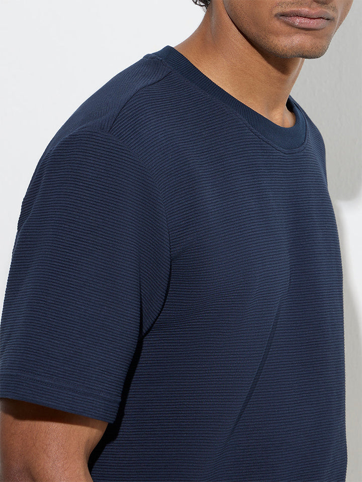 WES Casuals Navy Textured Relaxed-Fit Cotton-Blend T-Shirt