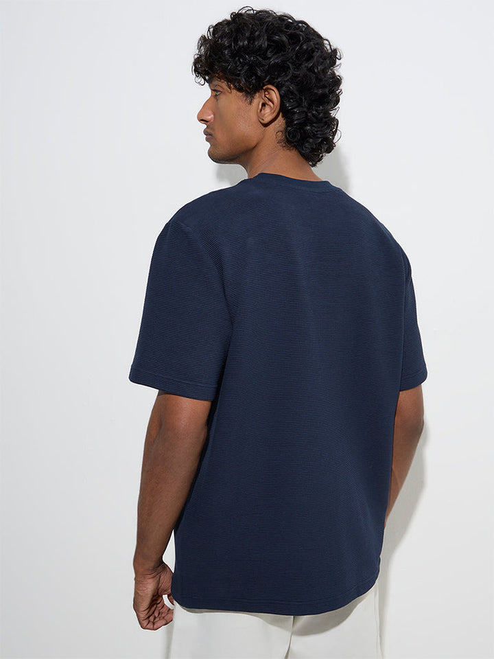 WES Casuals Navy Textured Relaxed-Fit Cotton-Blend T-Shirt