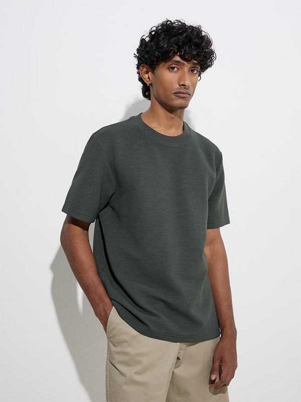 WES Casuals Olive Textured Relaxed-Fit Cotton-Blend T-Shirt