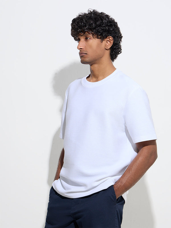 WES Casuals White Textured Relaxed-Fit Cotton-Blend T-Shirt