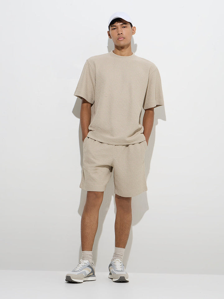 Studiofit Beige Self-Striped Relaxed-Fit T-Shirt