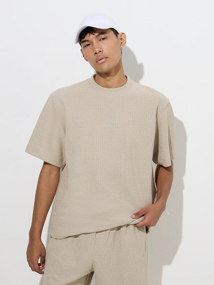 Studiofit Beige Self-Striped Relaxed-Fit T-Shirt