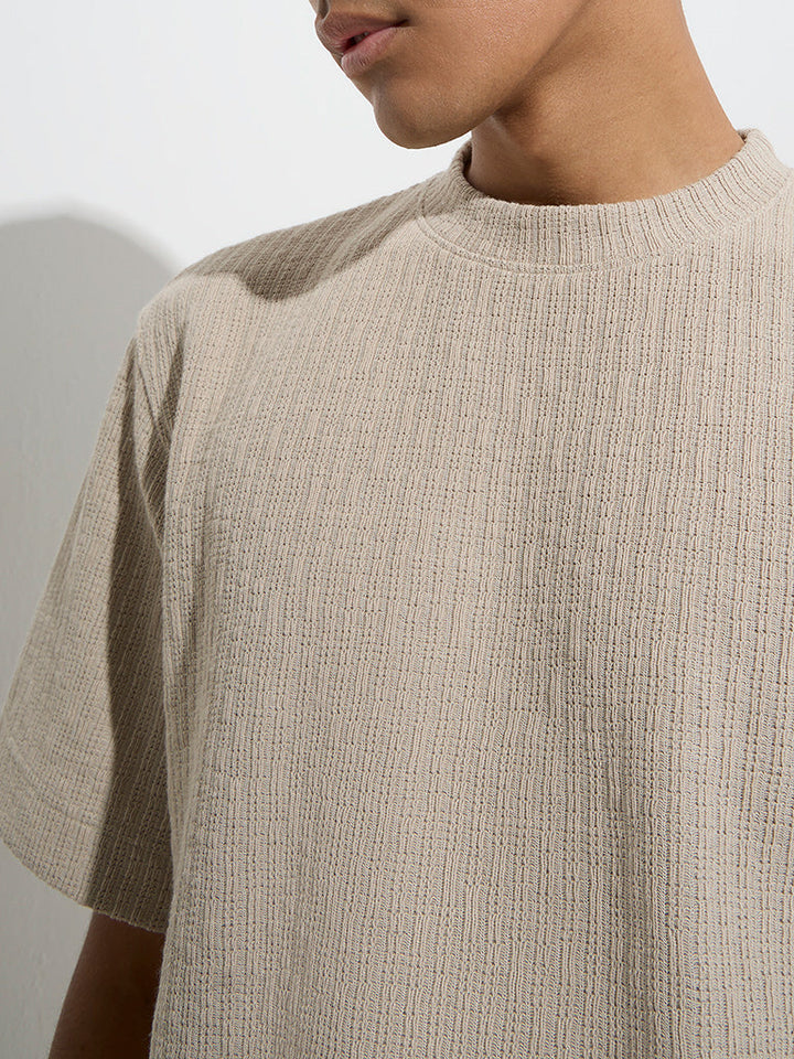 Studiofit Beige Self-Striped Relaxed-Fit T-Shirt