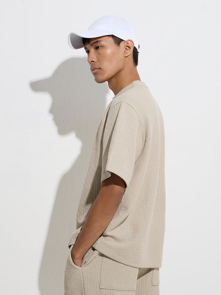 Studiofit Beige Self-Striped Relaxed-Fit T-Shirt