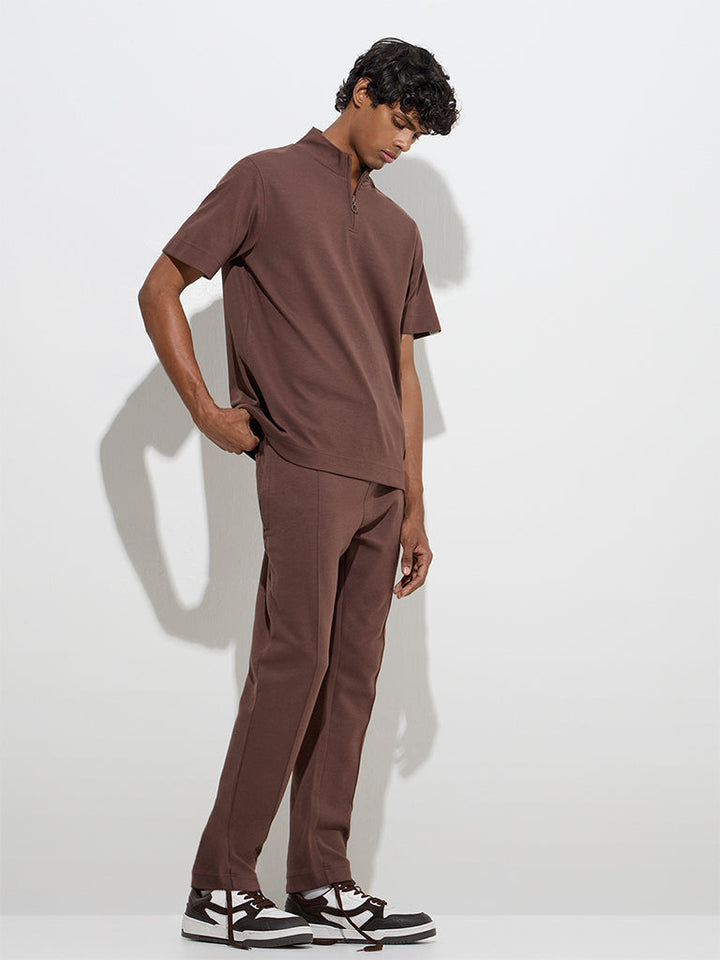 Studiofit Brown Solid Quarter Zip T-Shirt