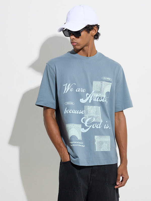 Nuon Dusty Blue Printed Relaxed-Fit Cotton T-Shirt