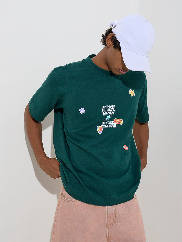 Nuon Green Typographic Relaxed-Fit Cotton T-Shirt