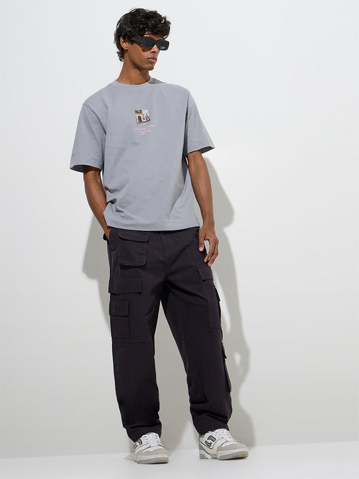 Nuon Grey Stamp Printed Relaxed-Fit Cotton T-Shirt