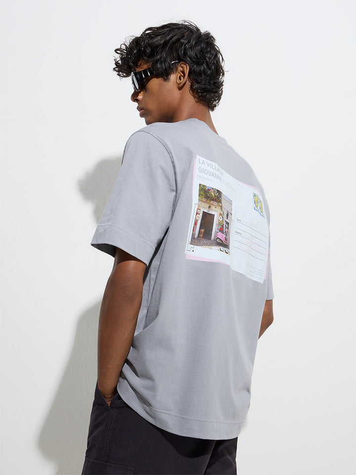 Nuon Grey Stamp Printed Relaxed-Fit Cotton T-Shirt