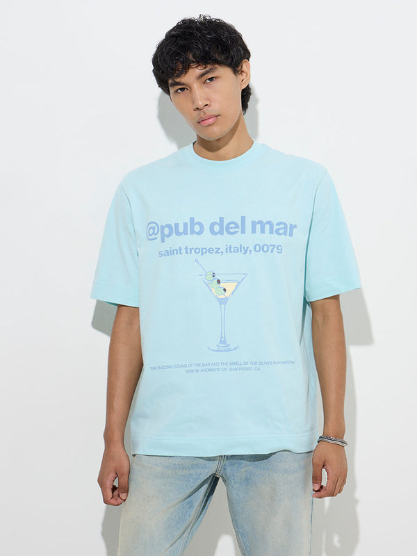 Nuon Light Blue Text Design Relaxed-Fit Cotton T-Shirt