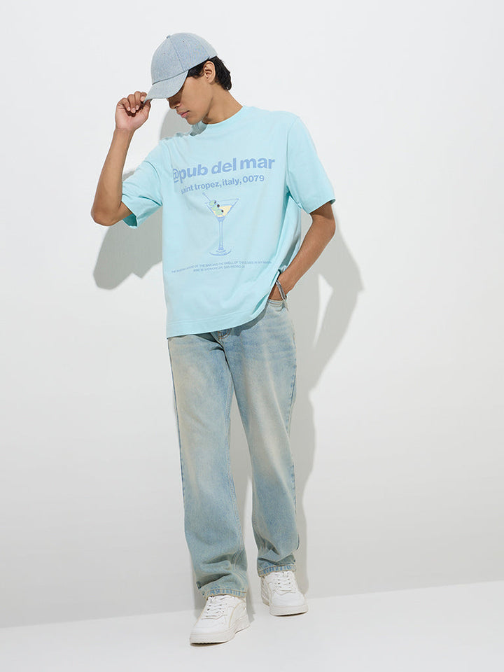 Nuon Light Blue Text Design Relaxed-Fit Cotton T-Shirt