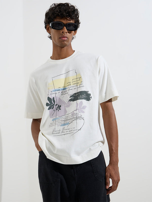 Nuon White Text Pattern Relaxed-Fit Cotton T-Shirt