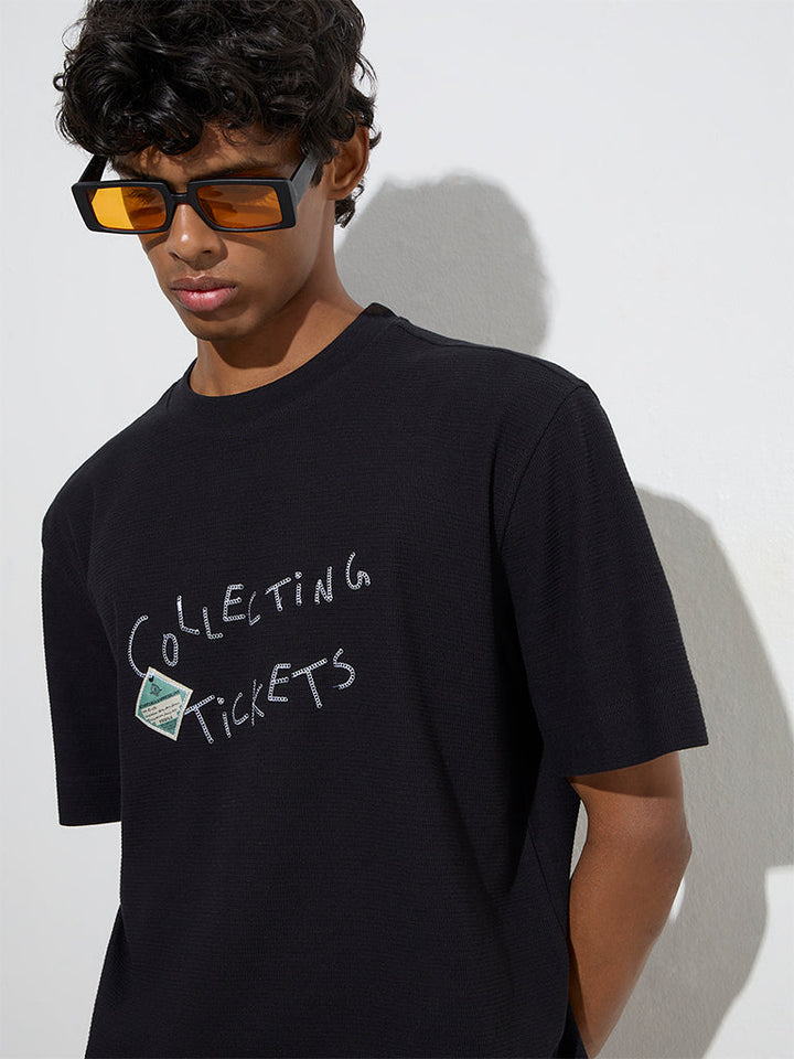 Nuon Black Text Design Relaxed-Fit Cotton-Blend T-Shirt