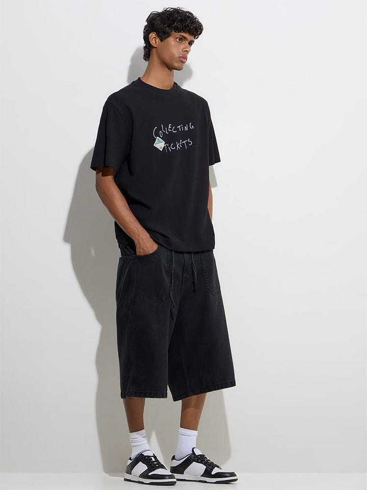 Nuon Black Text Design Relaxed-Fit Cotton-Blend T-Shirt