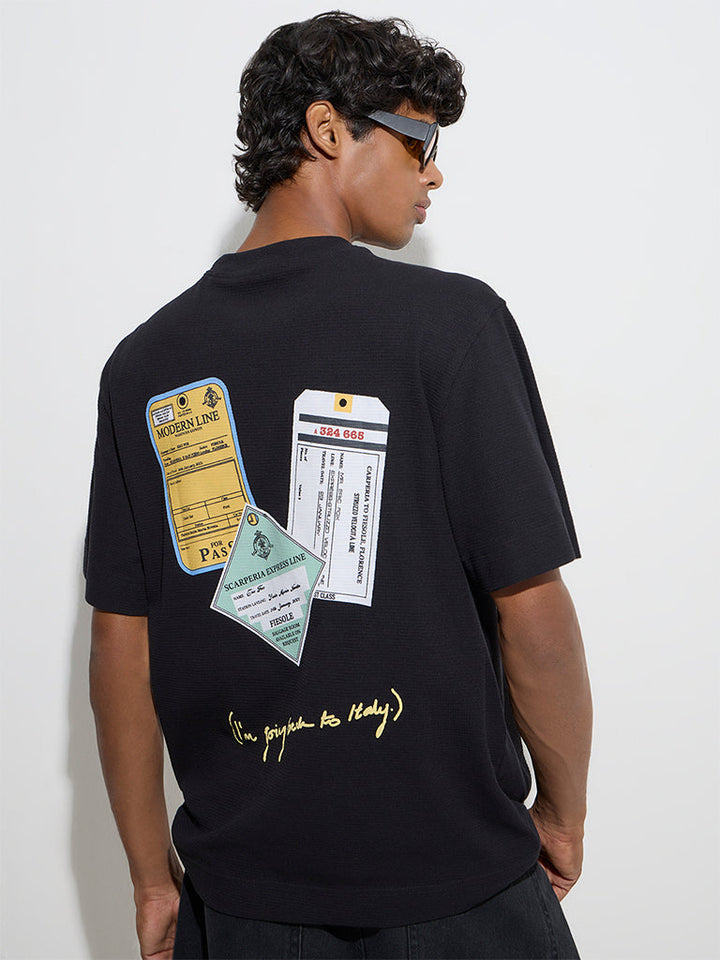 Nuon Black Text Design Relaxed-Fit Cotton-Blend T-Shirt