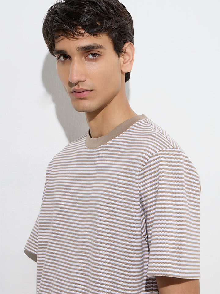 WES Lounge Beige Striped Relaxed-Fit Cotton-Blend T-Shirt