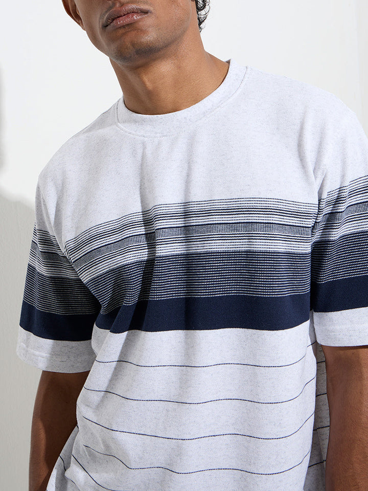 WES Lounge Grey Striped Relaxed-Fit Cotton-Blend T-Shirt