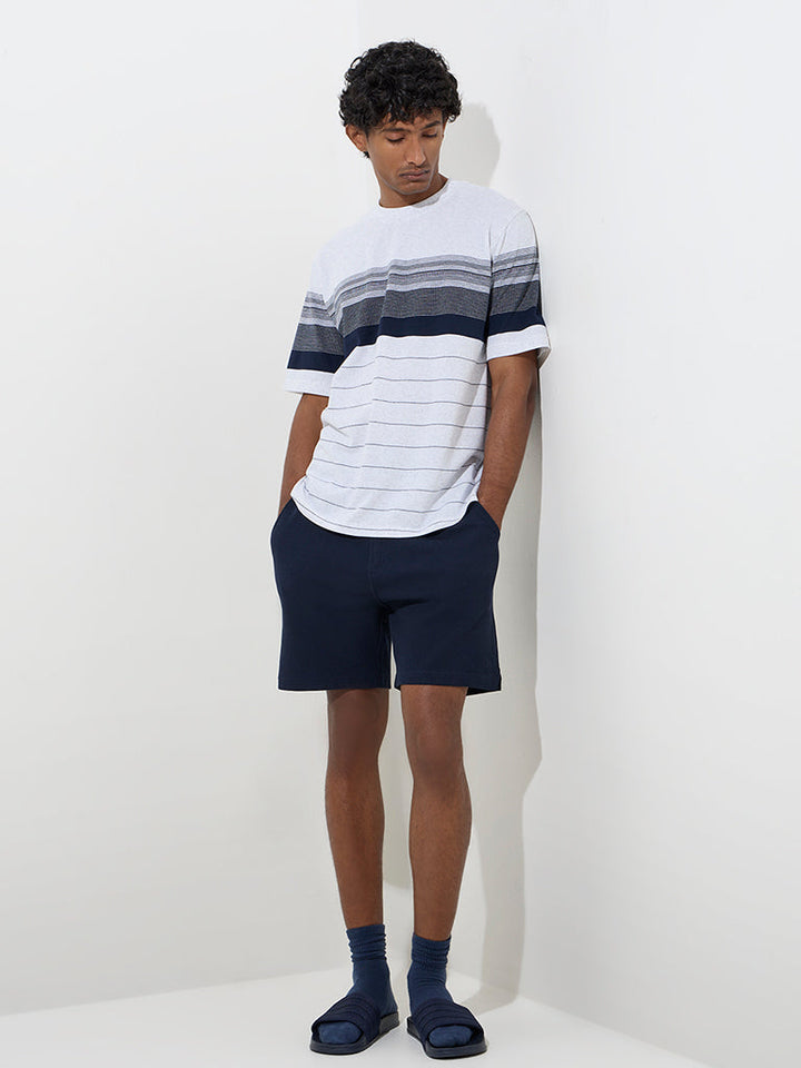 WES Lounge Grey Striped Relaxed-Fit Cotton-Blend T-Shirt