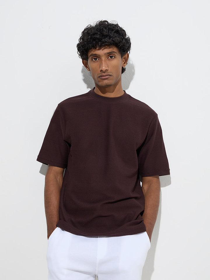 WES Lounge Brown Self Relaxed-Fit Cotton-Blend T-Shirt