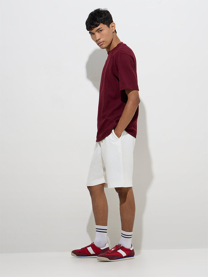 Studiofit Maroon Crinkle Relaxed-Fit Cotton-Blend T-Shirt