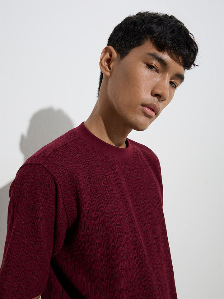 Studiofit Maroon Crinkle Relaxed-Fit Cotton-Blend T-Shirt
