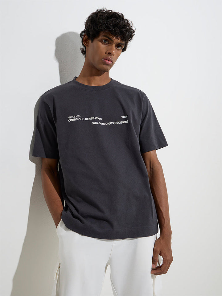 Studiofit Charcoal Text Printed Relaxed-Fit Cotton T-Shirt